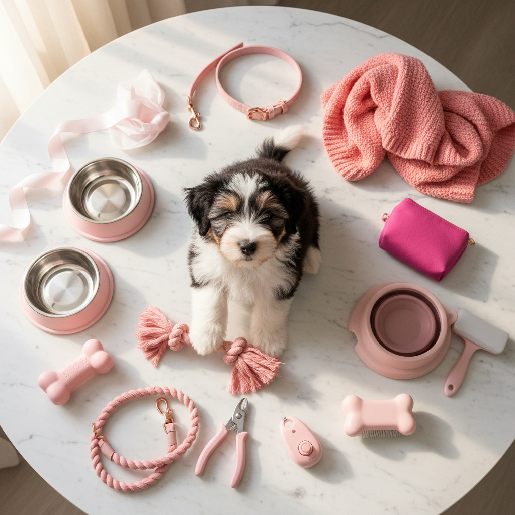 Dog puppy starter kit with puppy, pink bowls, collar, towel, and grooming toys