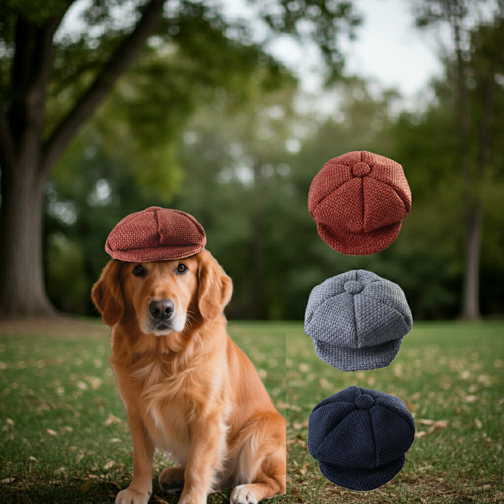 Dog wearing burgundy vintage flat cap; gray and navy caps shown
