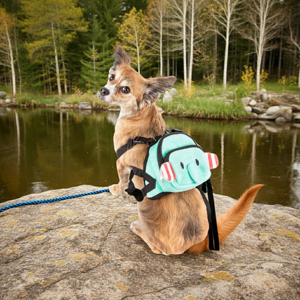 Black dog harness backpack with turquoise cartoon bone plush and side pockets