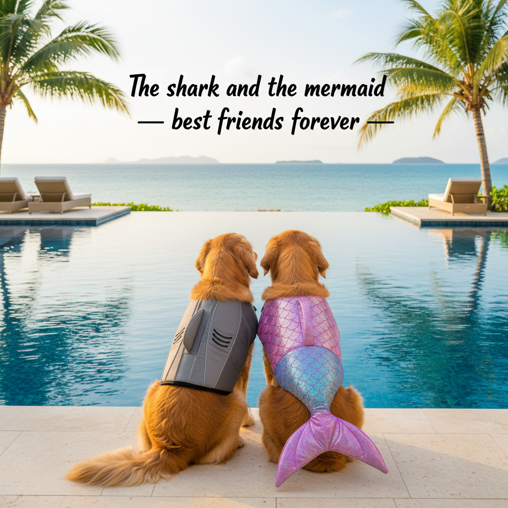 Purple mermaid-style dog life jacket with fin, worn by two small dogs