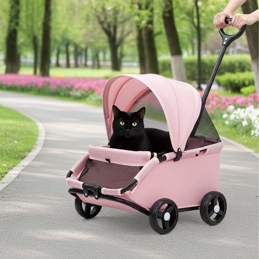4-Wheel Dog Stroller with Sunshade Cover Pet Carrier for Outdoor Travel Shopping Walking Suitable for Small Dogs and Cats