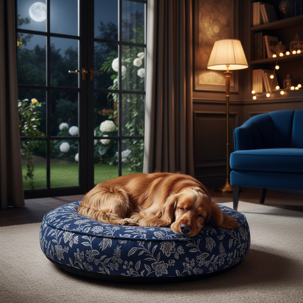 Round pet bed with midnight blue floral fabric cover, cushioned bolster edge