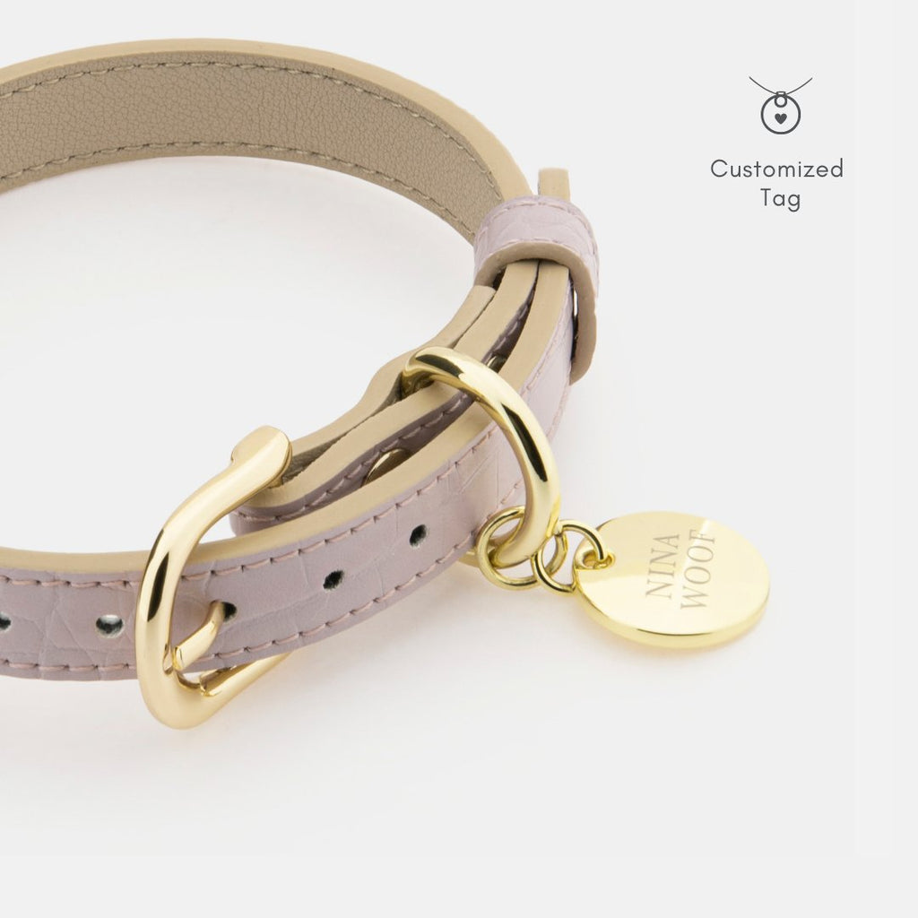 Lilac Milan collar close-up with gold D-ring and round customized name tag