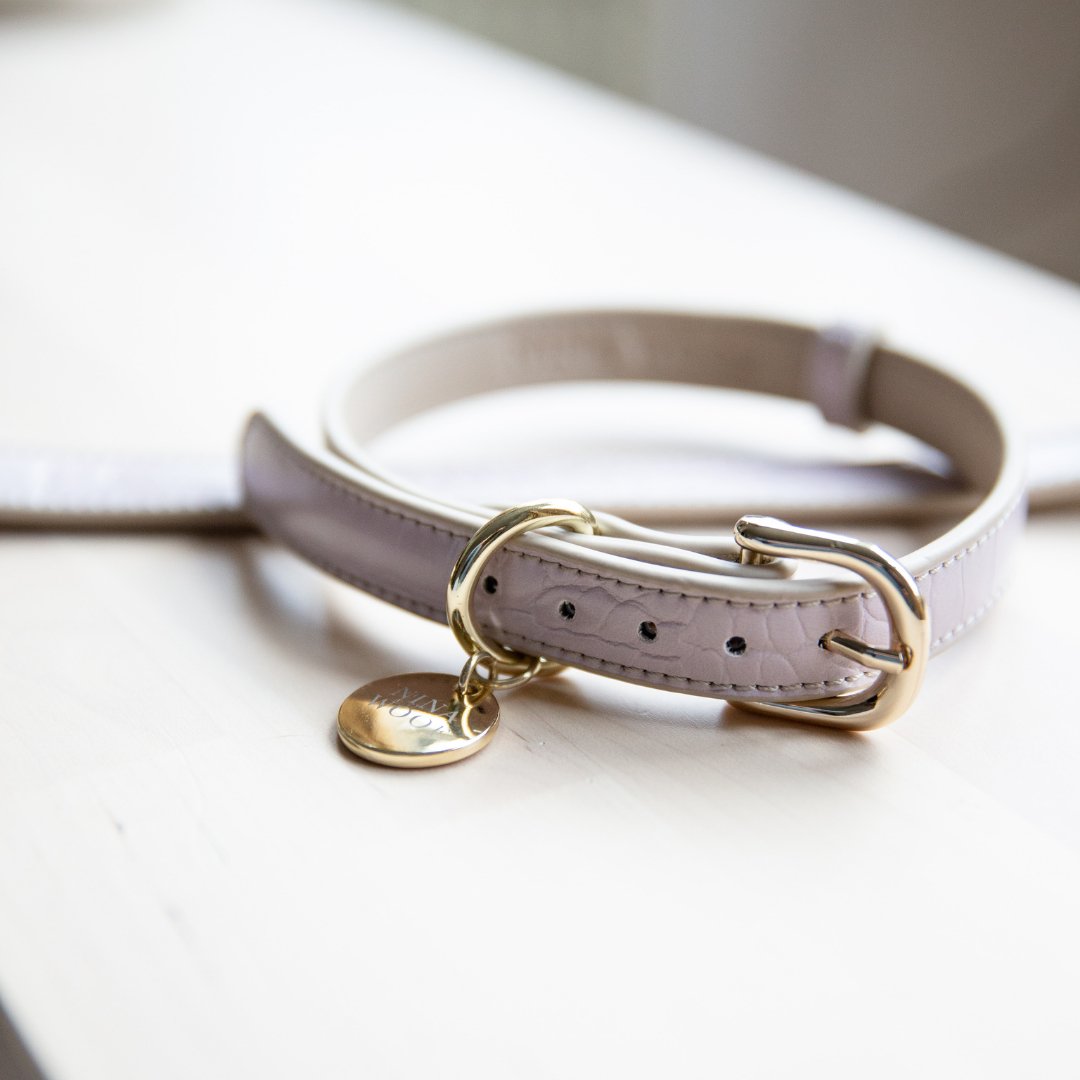 Beige vegan leather dog collar with gold buckle, D-ring, and tag charm