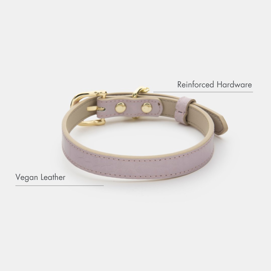 Lilac Milan vegan leather dog collar with reinforced hardware and stitching detail