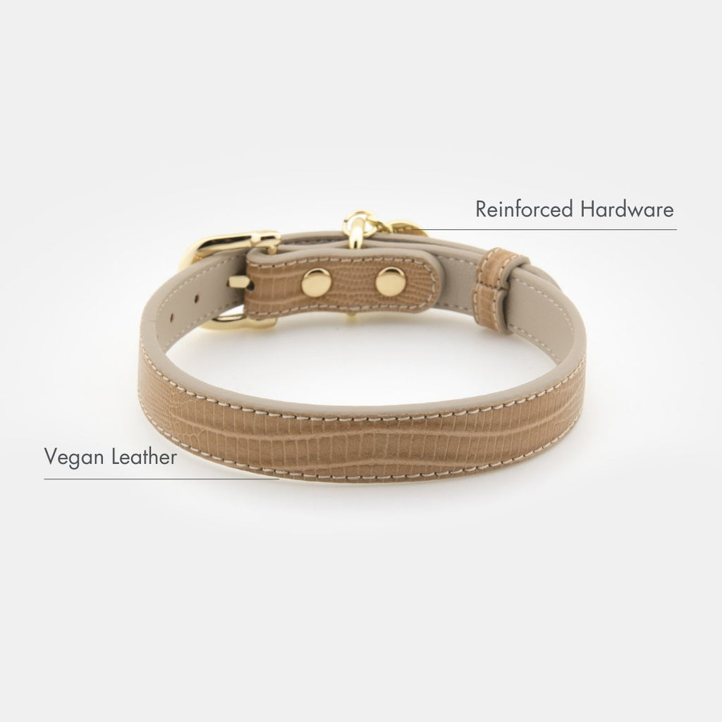 Beige vegan leather Milan dog collar, reinforced hardware and double rows of stitching