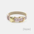 Beige and lilac matte vegan leather dog collar with gold buckle and Nina Woof tag