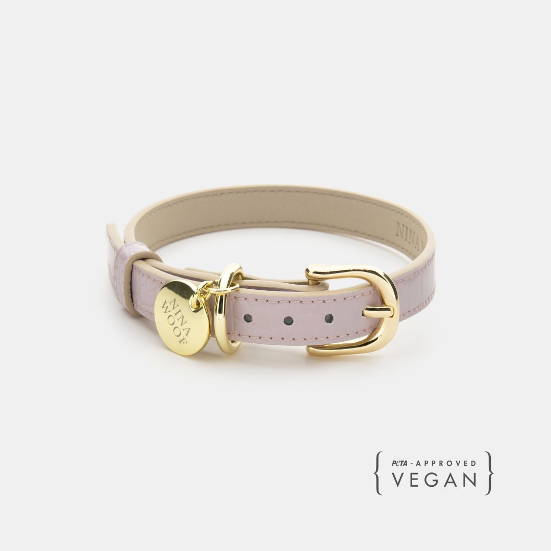 Lilac Milan vegan leather dog collar with gold buckle and engraved round tag