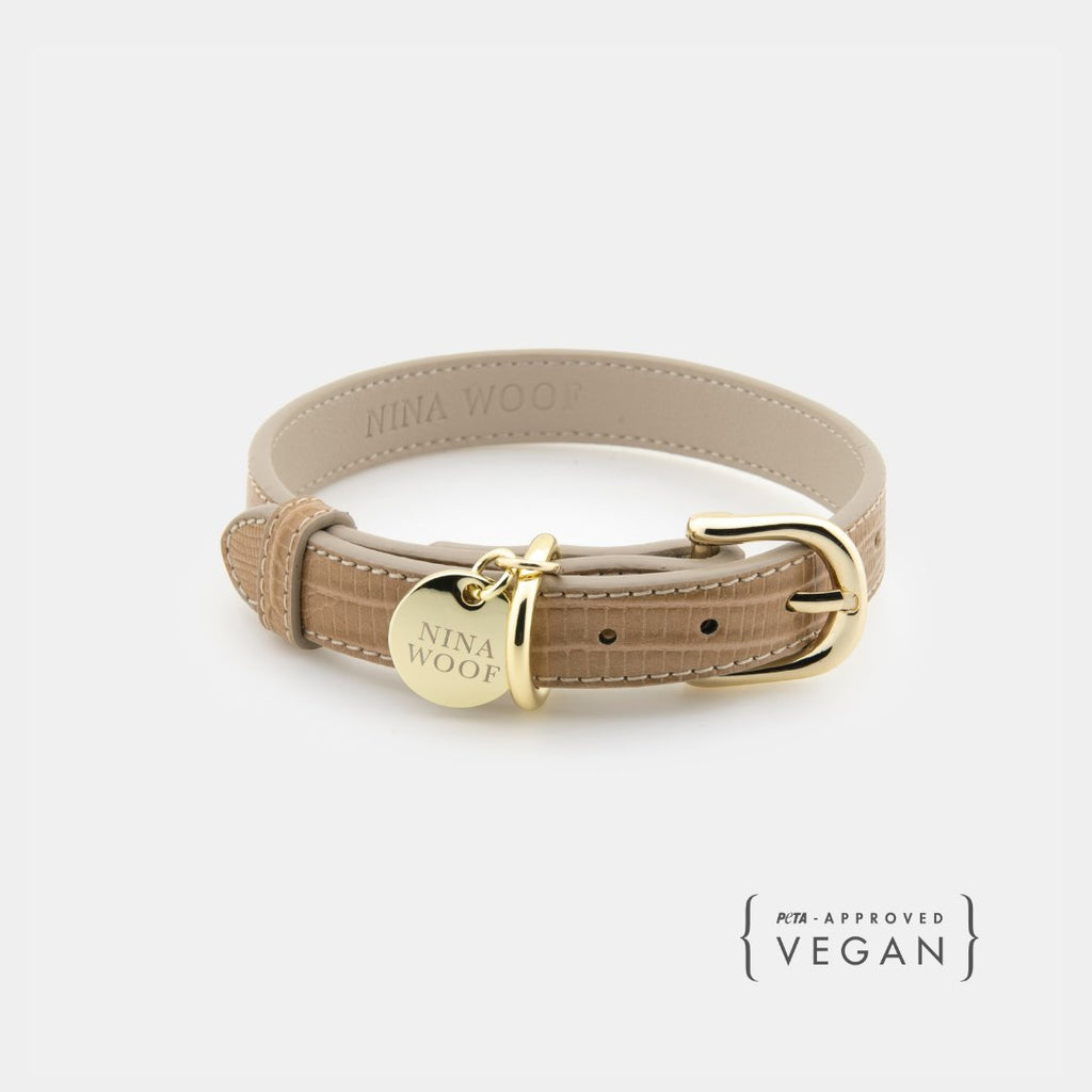 Beige vegan leather Milan dog collar with gold buckle and engraved round tag