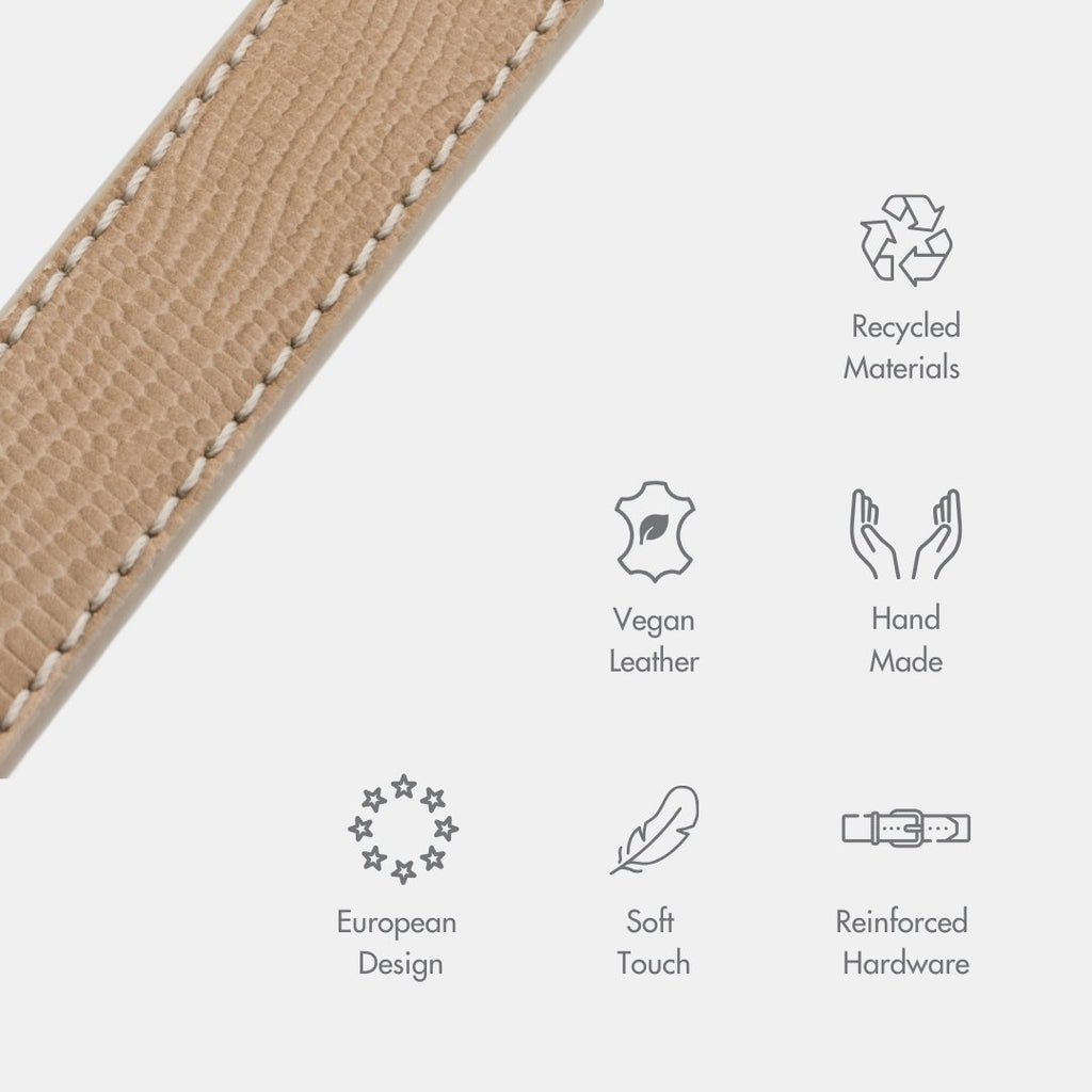 Beige vegan leather Milan collar close-up with stitching and textured grain
