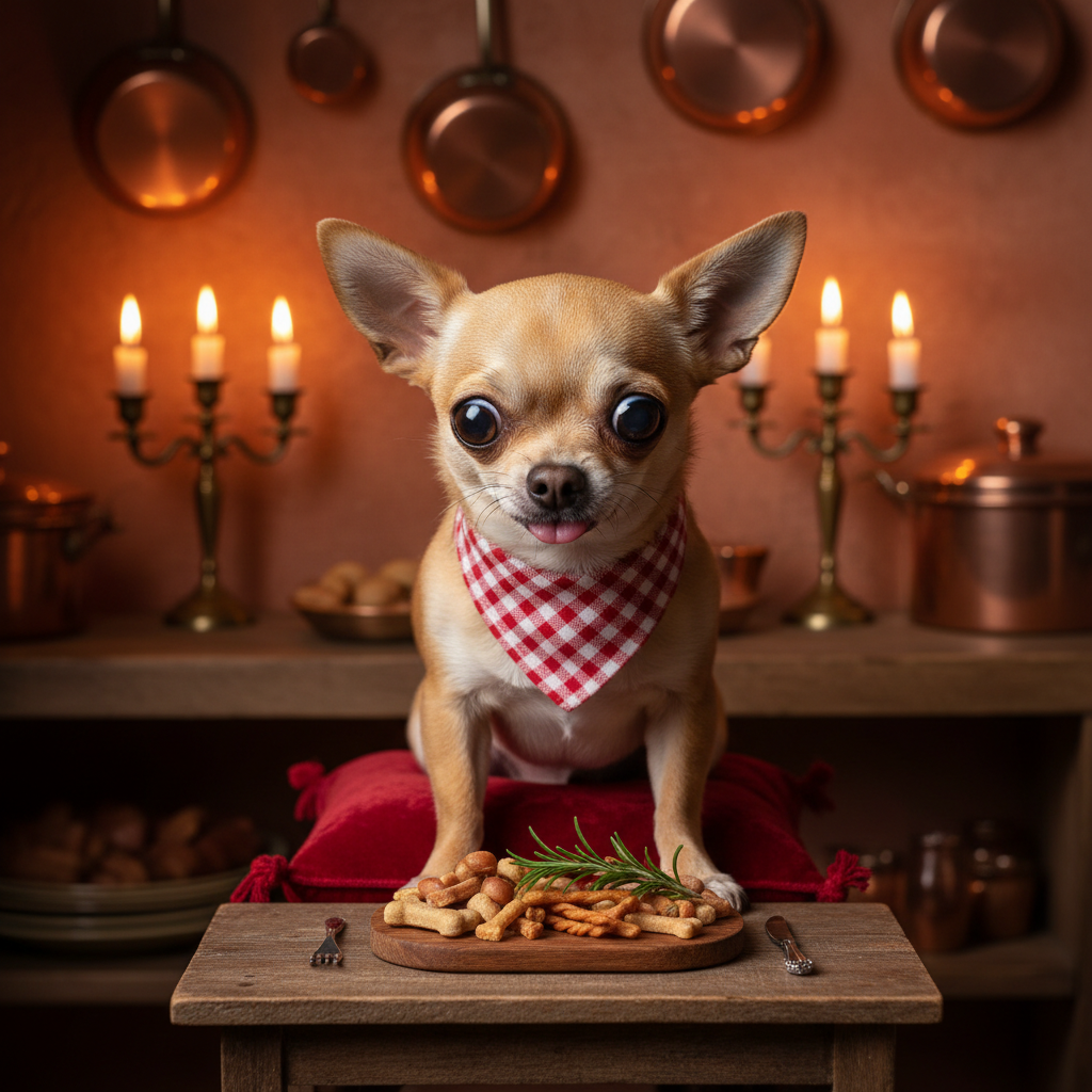 Mini sausage stick dog treats on wooden board, small tan dog with red bandana