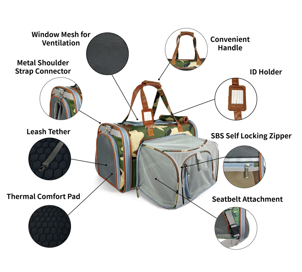 Expandable pet carrier with camo print, mesh ventilation panels and brown handle strap