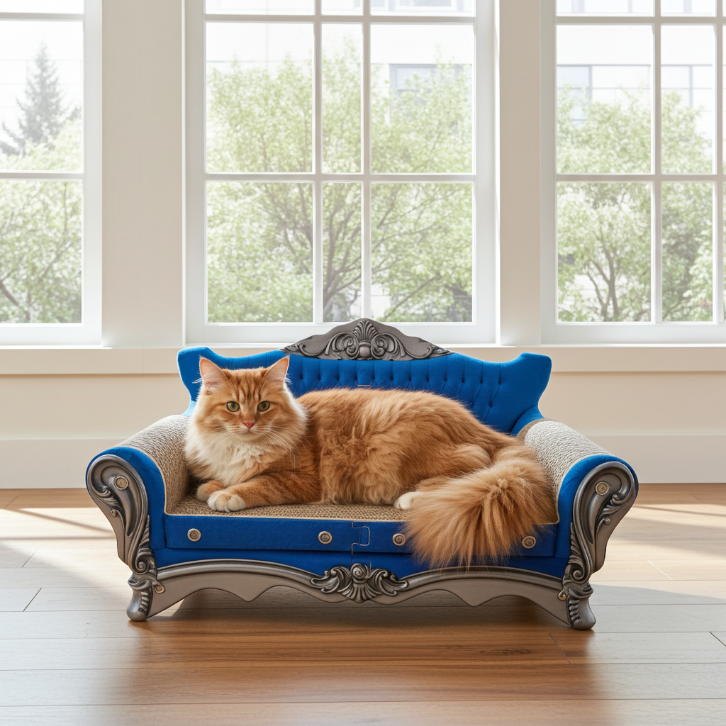 Catfidence® cat scratcher sofa with blue tufted cushion and carved dark base