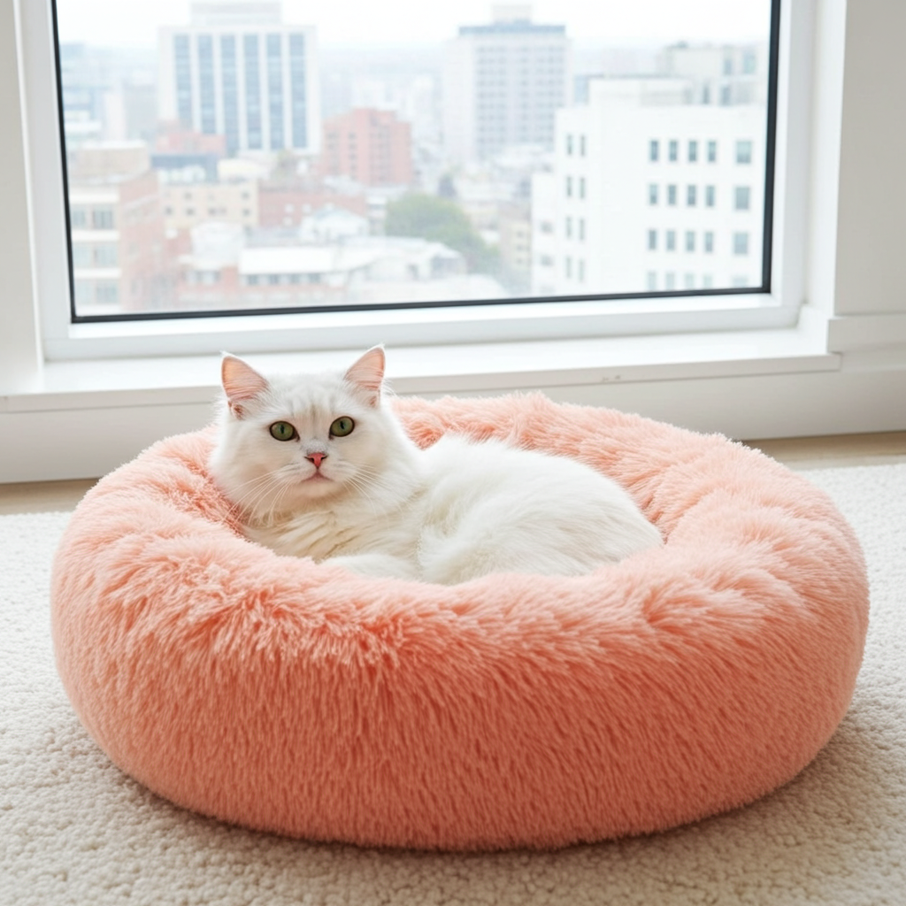 Pink round plush donut pet bed with cushioned nest for cats and dogs