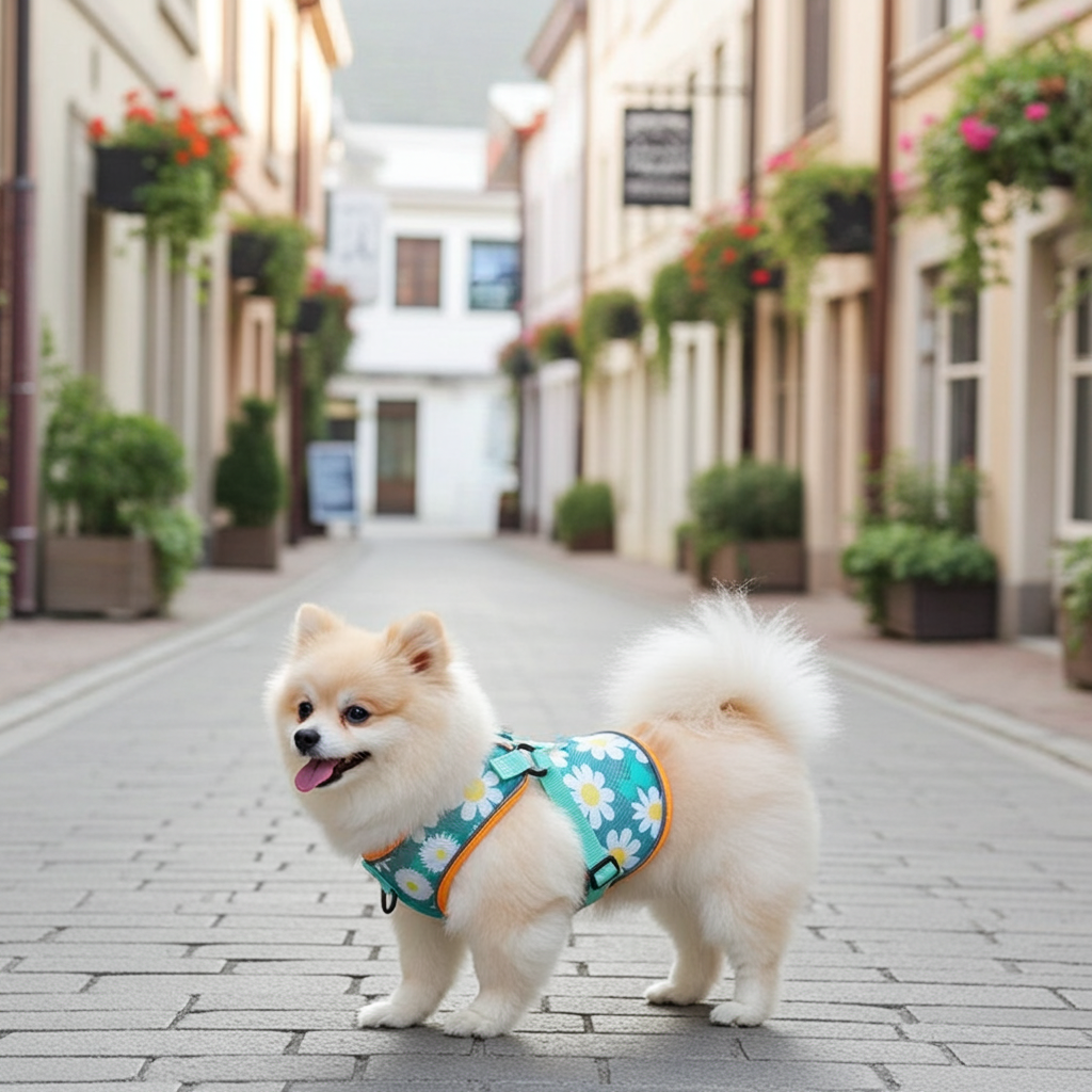 Dog wearing a teal reflective-style vest harness with daisy pattern and leash rope
