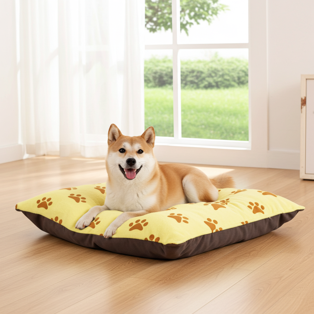 Golden Pawprints on Buttercream Sky Pet Bed — Coral Fleece, Removable Cover, 40" × 30"