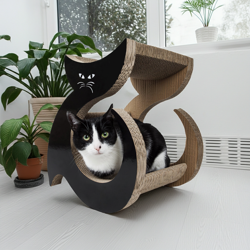 Black curved cat scratcher lounger with sisal-wrapped edges and resting cat