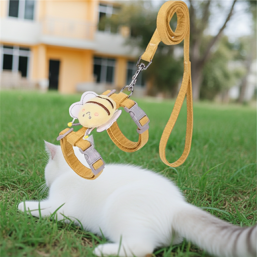 Yellow cartoon cat harness and leash set with double-layer vest, adjustable straps