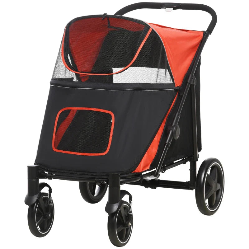 Red and black foldable pet stroller with front mesh panel and carry handle