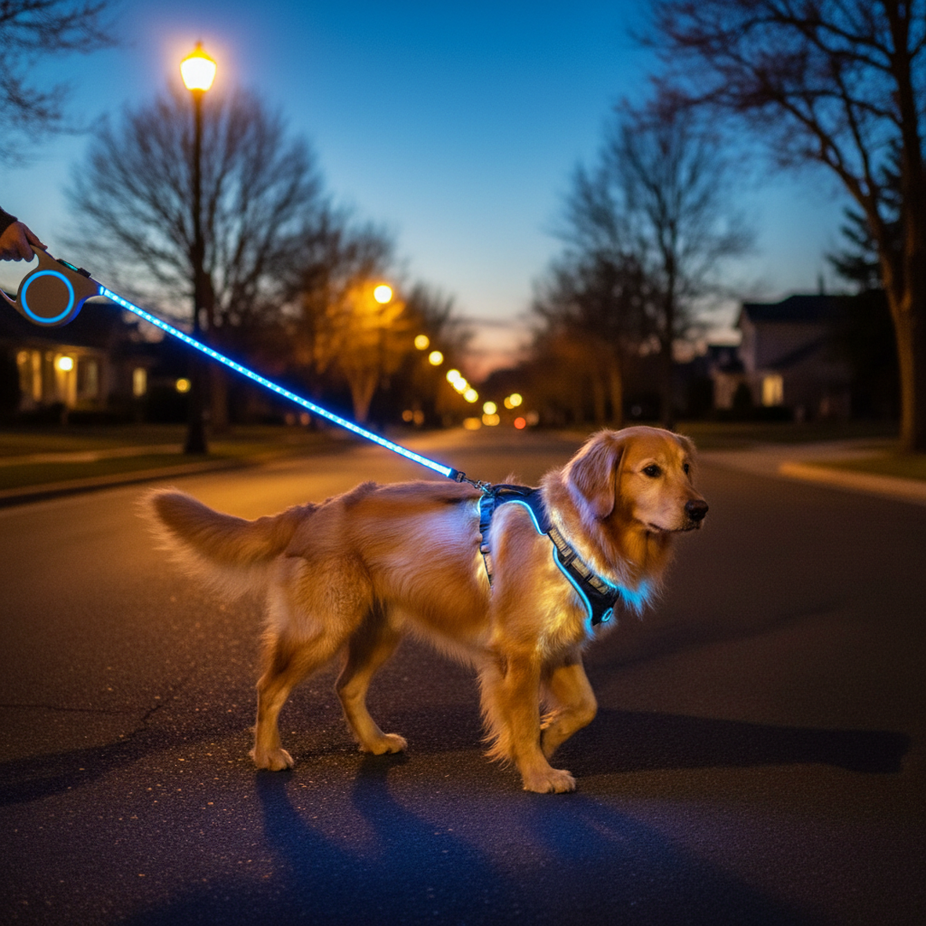 Blue LED retractable dog leash with glowing light strip and loop handle