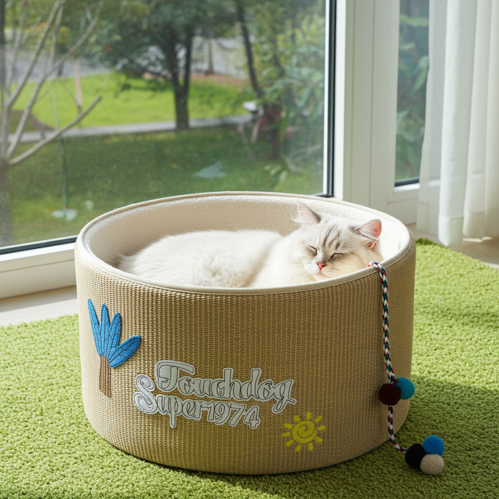 Khaki rounded cat bed with plush top and dangling teaser pom-poms