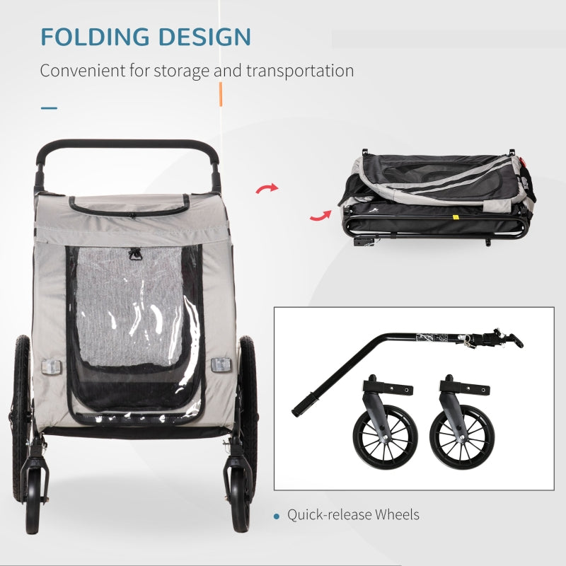 Grey 2-in-1 pet trailer stroller showing folded design with carry-ready frame and wheels