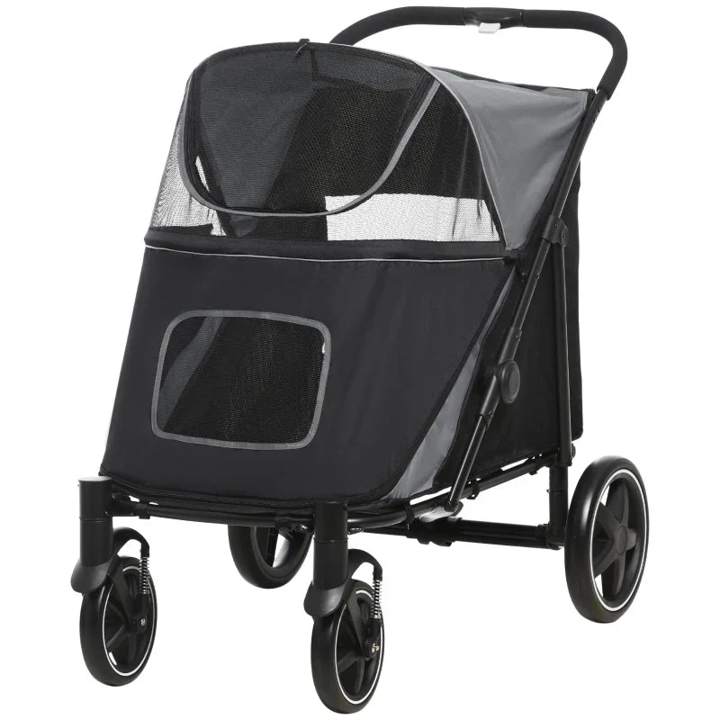 Black pet stroller with large mesh window panels, front canopy, and four wheels.