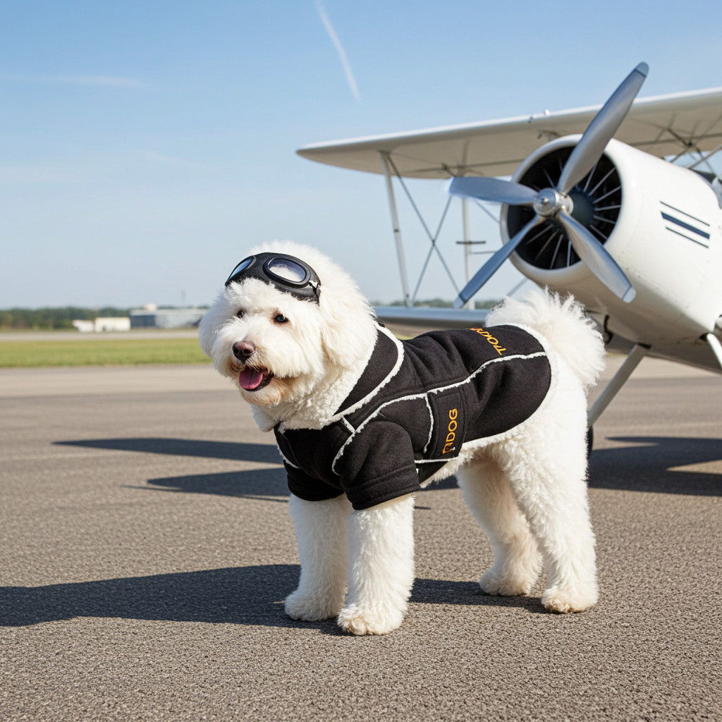 Black dog winter coat with white trim, sherpa hood, and goggles emblem
