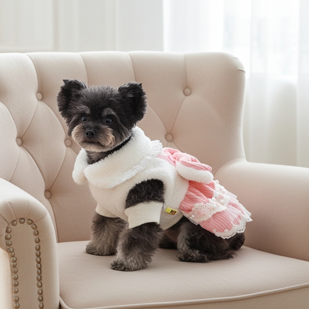 Small dog wearing a pink and white lace pet dress with a large bow on the backrest