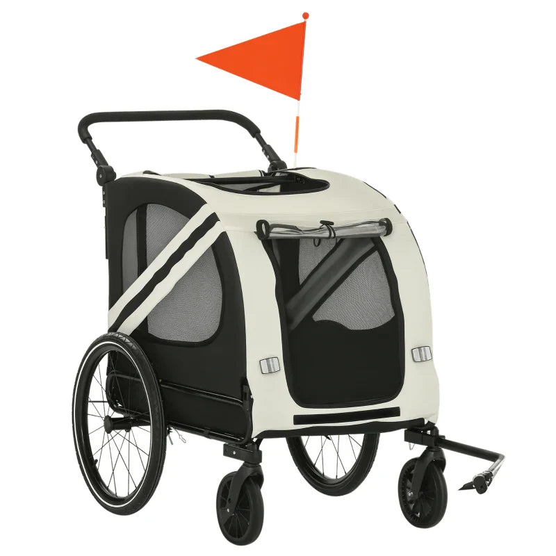 White 2-in-1 pet bike trailer stroller with black frame, mesh windows, and canopy