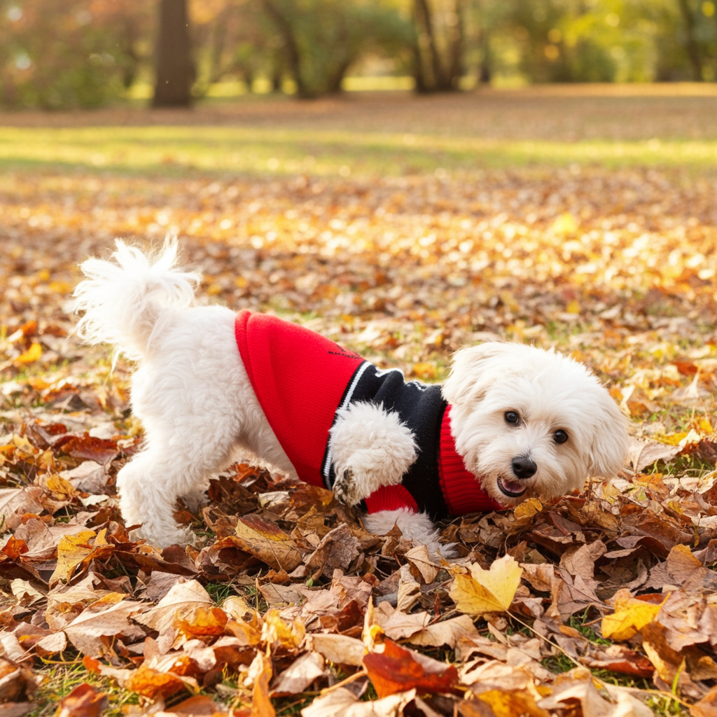 Red and black knit dog sweater with snowflake pattern on a small dog outdoors