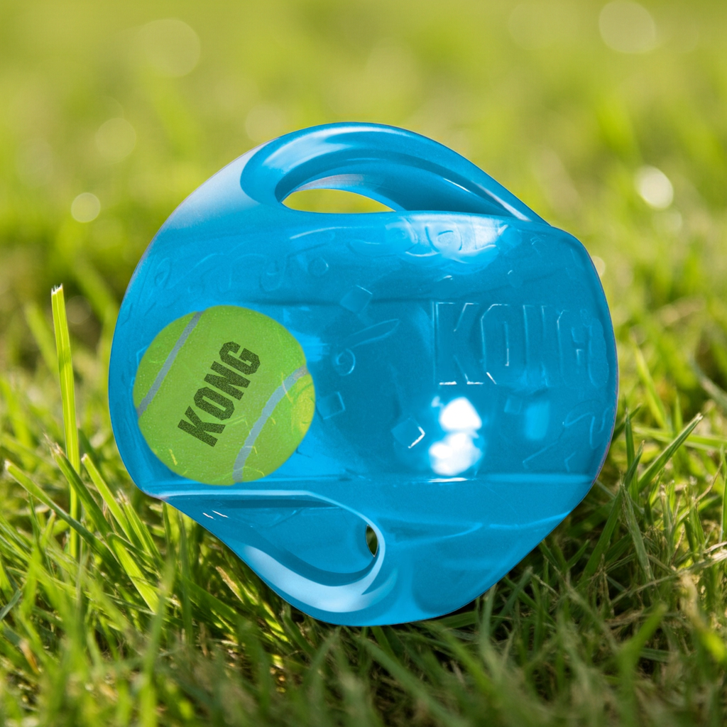 KONG Jumbler Ball squeaker dog toy, blue plastic ball with KONG logo and carry handle