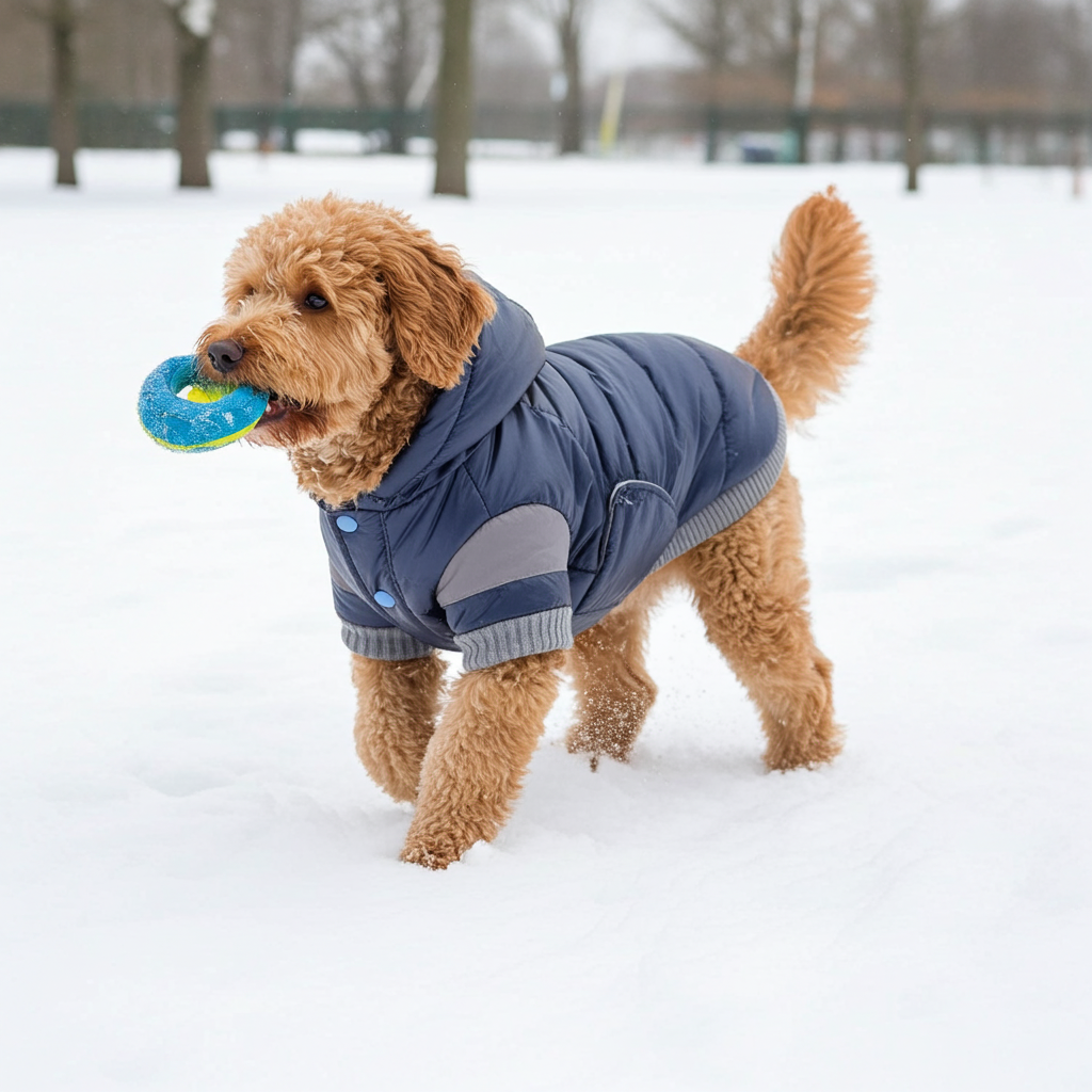 Blue insulated dog ski jacket with hood, gray accents, and snap front