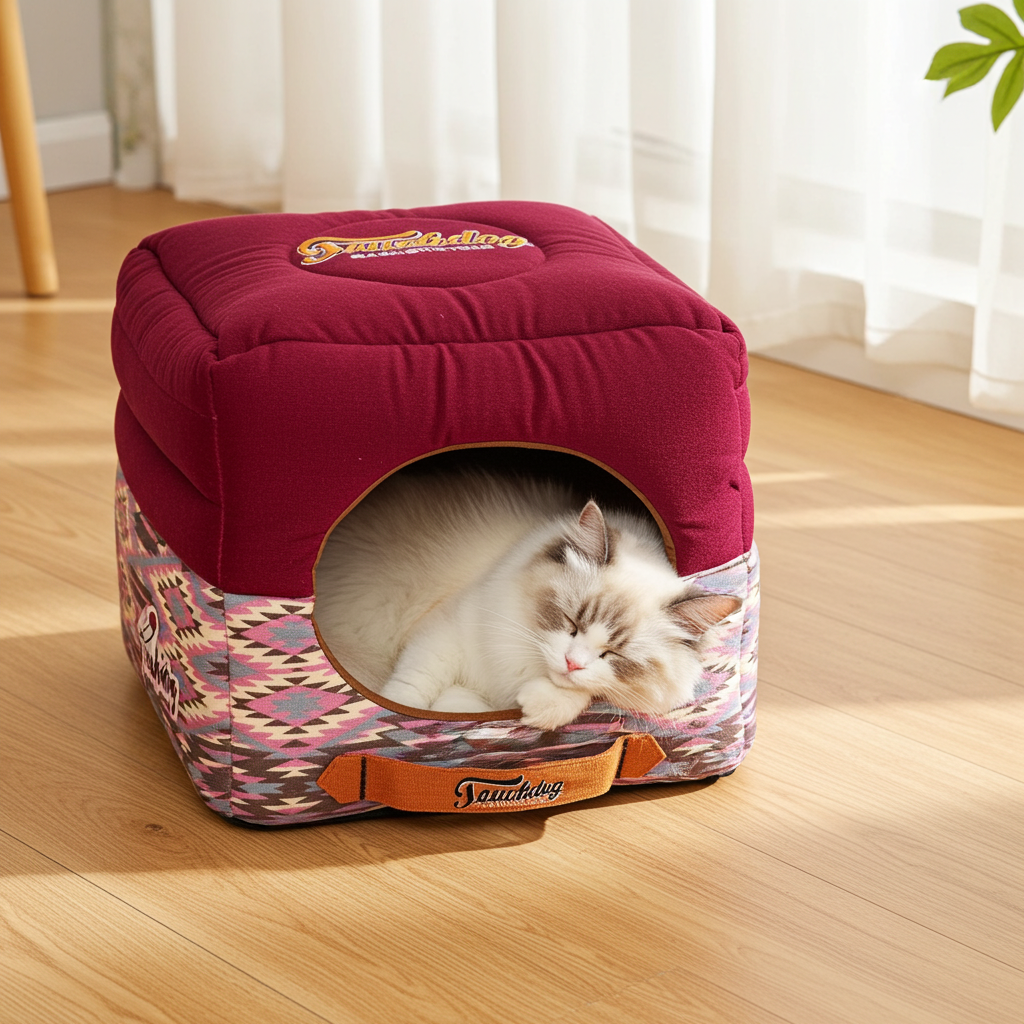 Collapsible squared dog and cat bed: burgundy top, patterned sides, round entrance