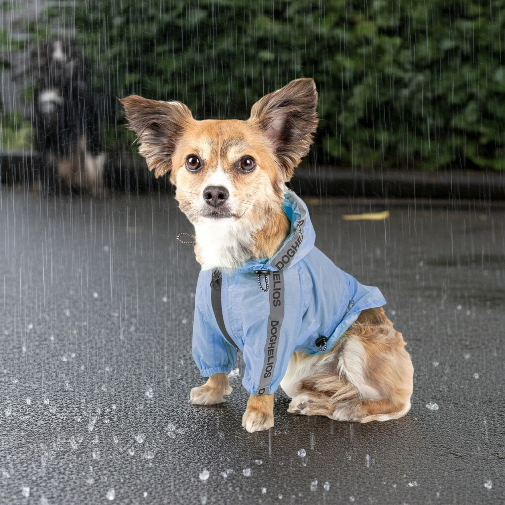 Blue waterproof dog raincoat poncho with adjustable straps and hood