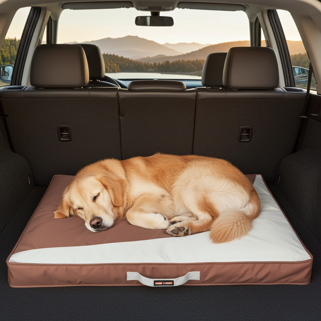 Rectangular waterproof travel dog bed mat in brown, with raised edge