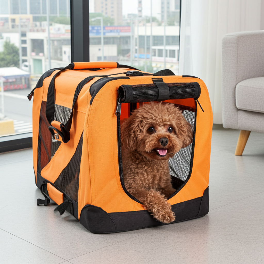 Orange collapsible pet carrier with front mesh door and pet inside.