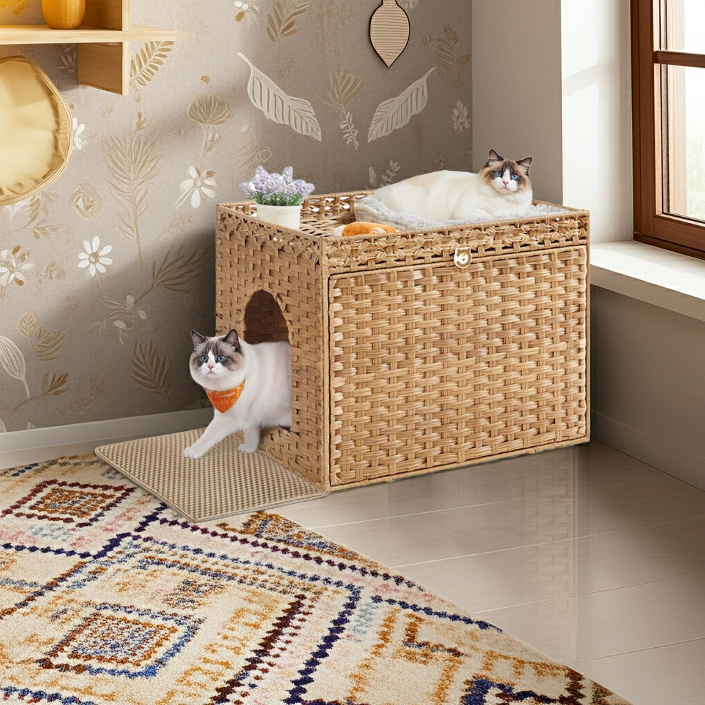 Woven rattan hidden litter box furniture with front opening and washable mat, with cat