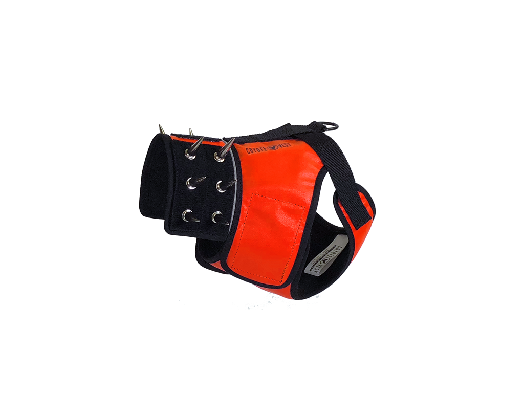 Dog harness with black base and bright orange padded front panel, metal ring snaps