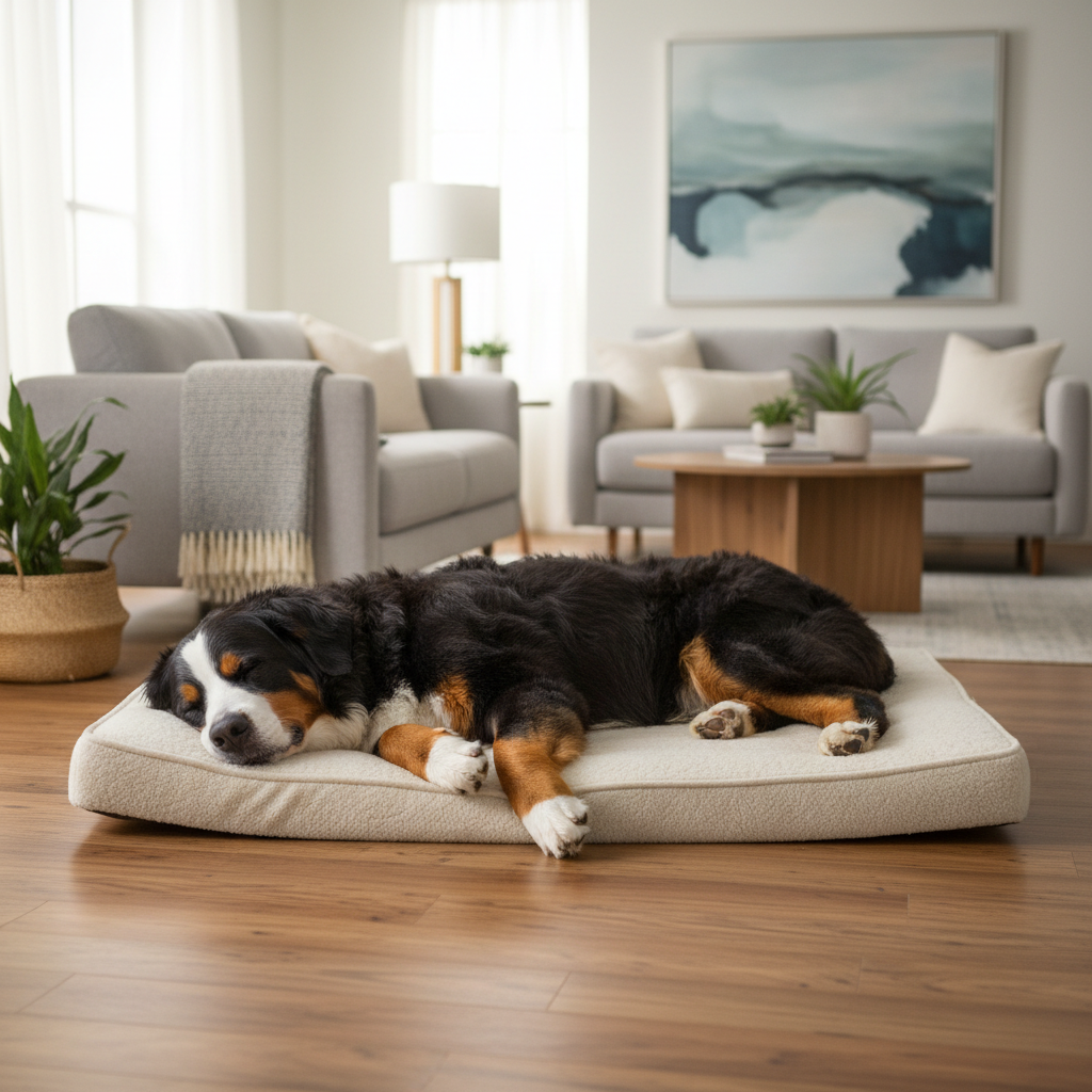 Orthopedic dog bed with plush cover, light cream, large size; dog resting on top.