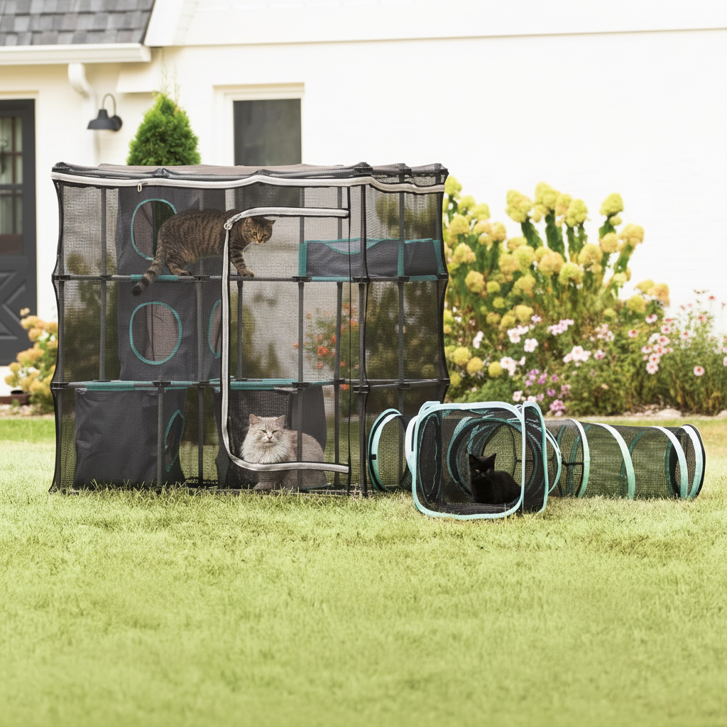 Expandable outdoor cat mesh enclosure playpen with built-in tunnels and door openings