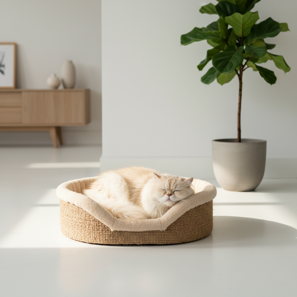 Oval cat scratcher bed with woven hemp scratch base and plush cushioned sides