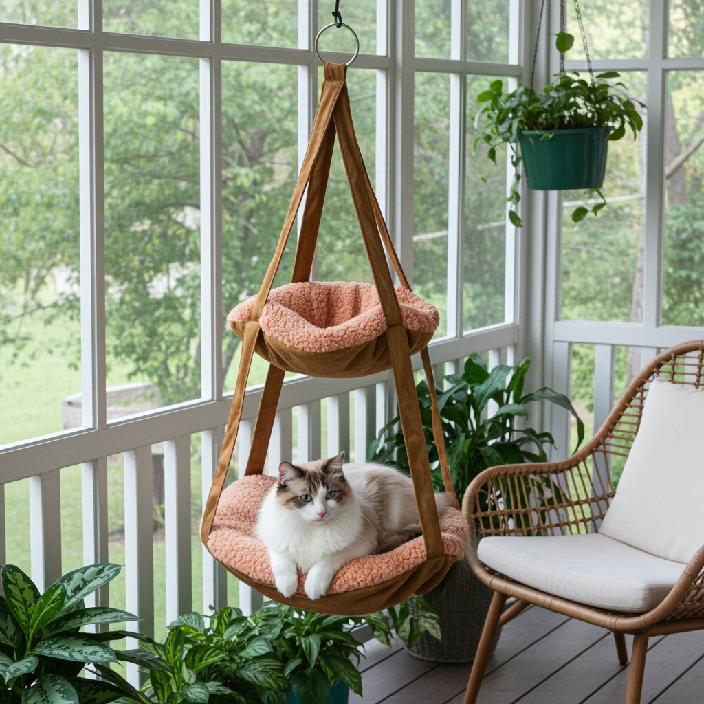 Brown hanging cat hammock bed with peach plush cushion and ring base; cat resting.