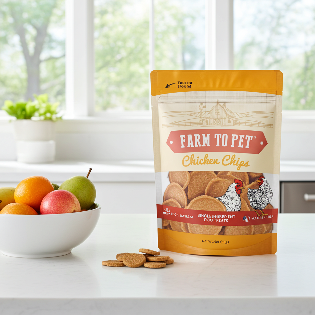 Chicken chips dog treat bag with sliced chicken treats beside it