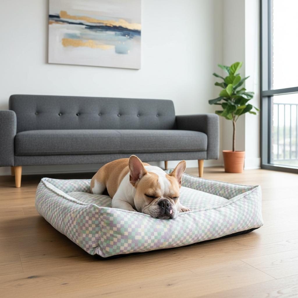 Rectangular pastel pixel-weave pet bed with cushioned sides and patterned cover