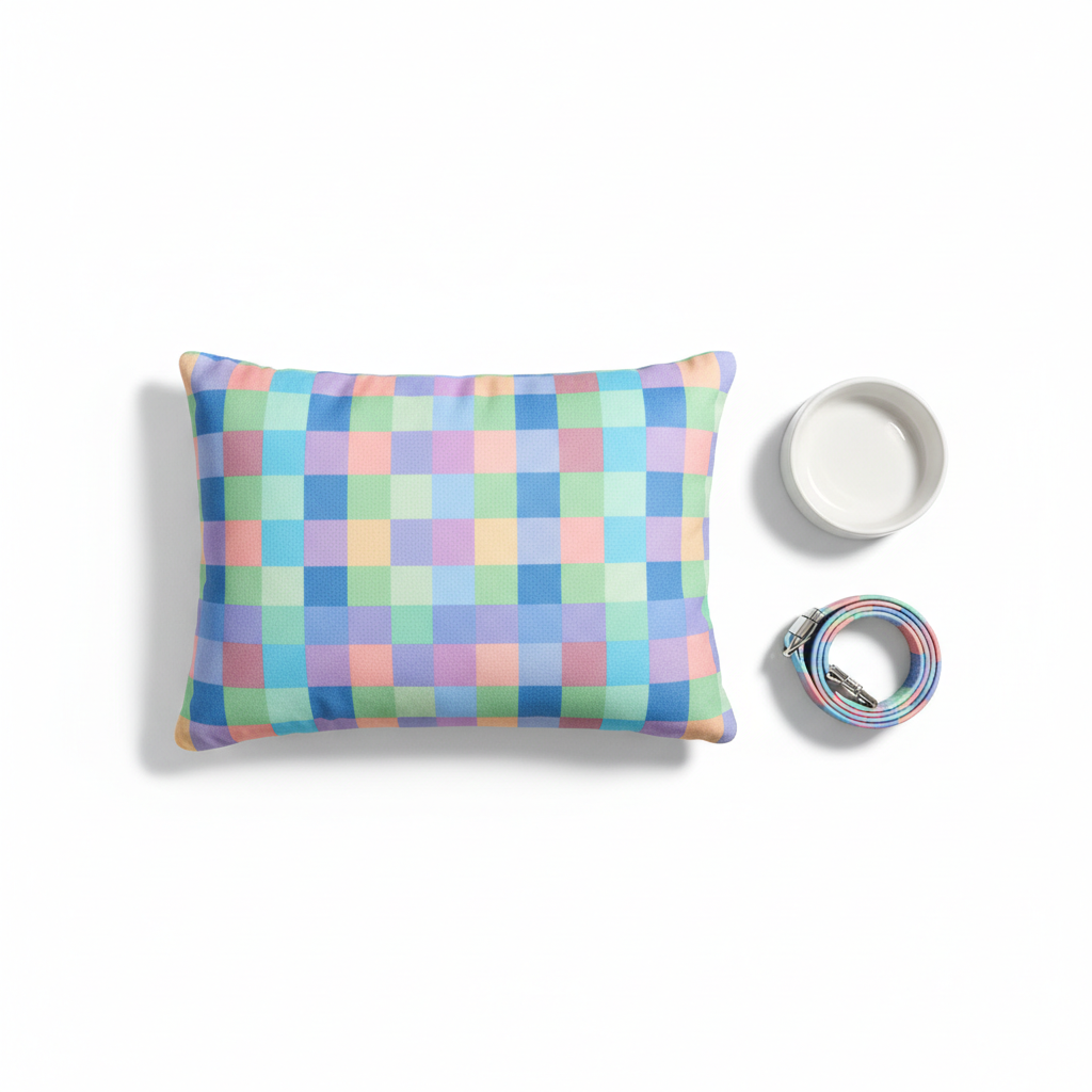 Pastel pixel plaid pet bed pillow with white bowl and multicolor collar