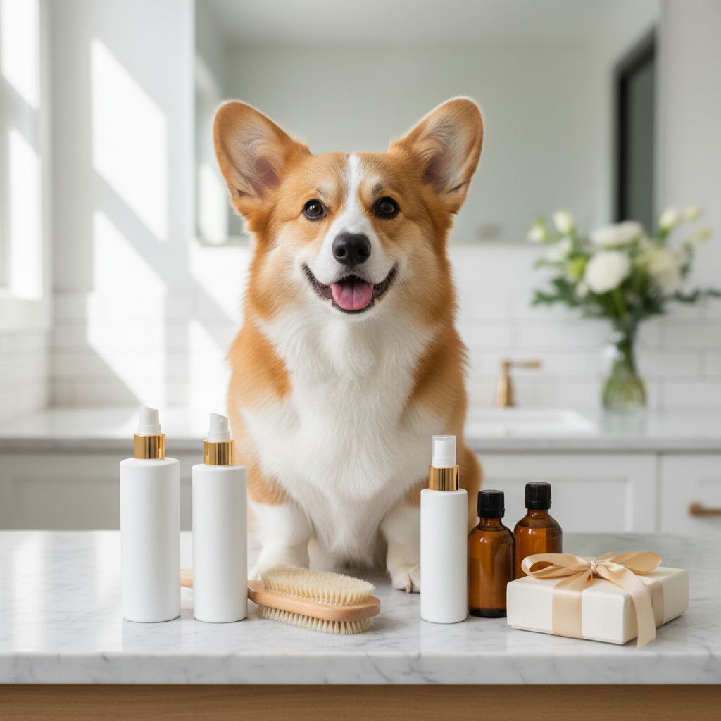 Dog spa gift basket with grooming bottles, brush, and small gift box on table