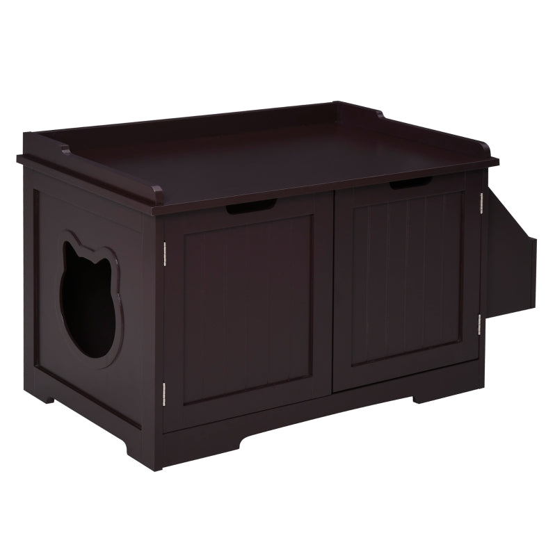 Brown cat litter box enclosure end table with front cabinet doors and side service opening