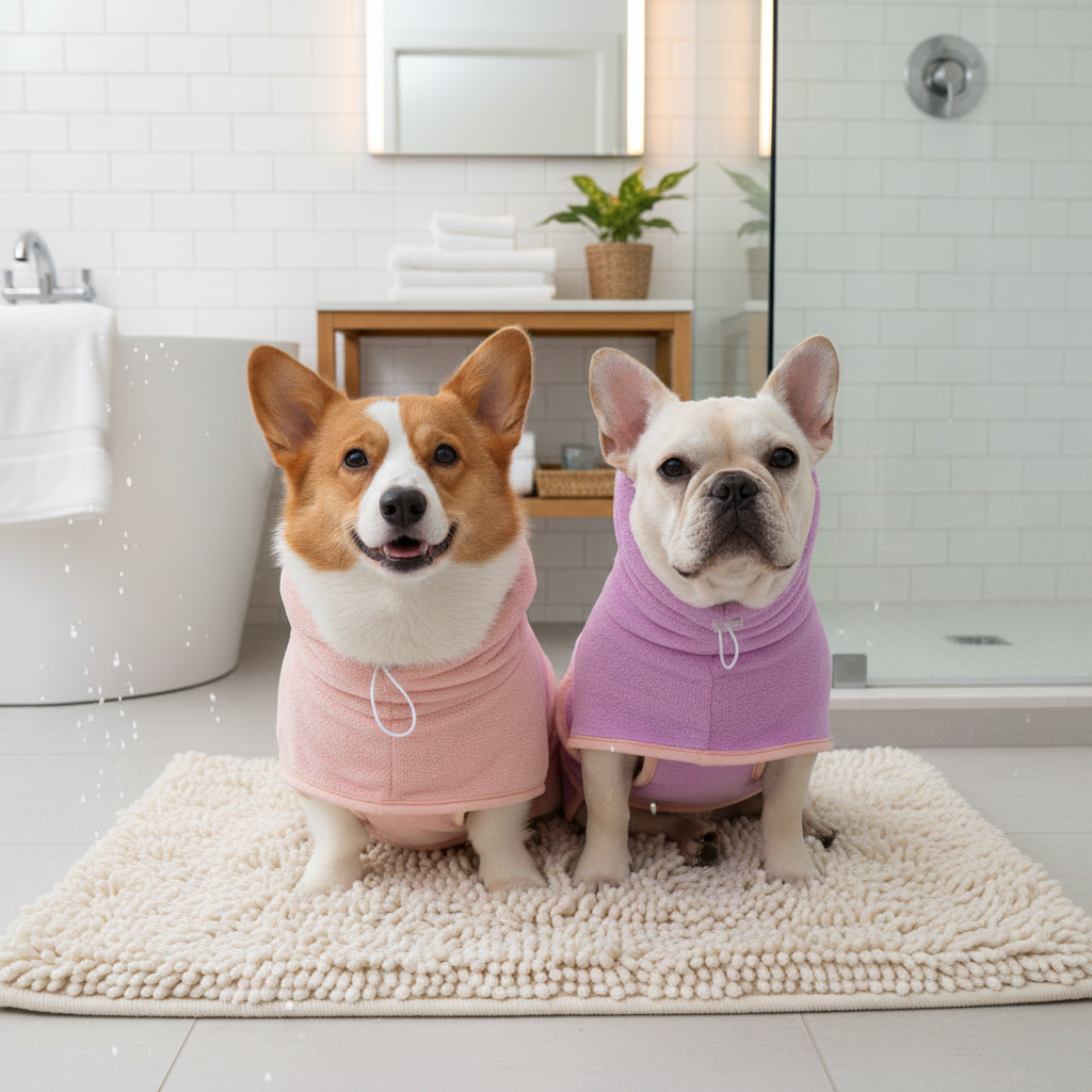 Pet bathrobe for pets, pink and purple wrap with hood and front ties