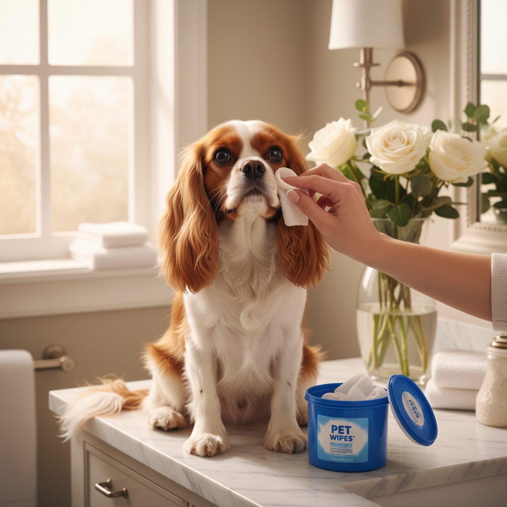 Pet care wet wipes jar with blue lid, shown beside a dog during use